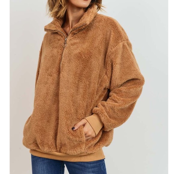 Fuzzy Teddy Half Zip Pocket Pullover - Picture 1 of 8